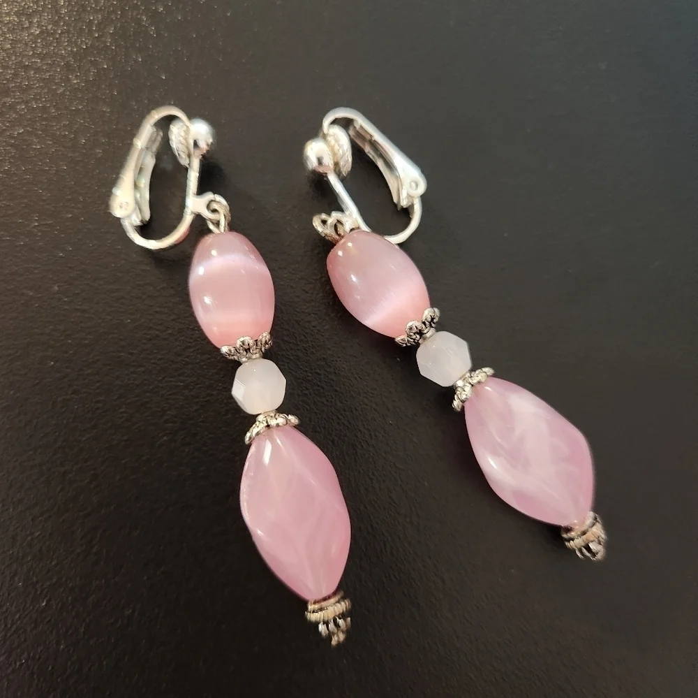 Hand Crafted Clip-on Earrings Pink Dangle Cat's Eye Quartz Beads
